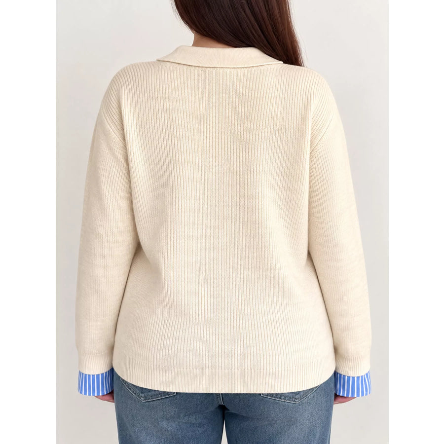 Plus Size Layered Look Striped Long Sleeve Sweater Apparel and Accessories