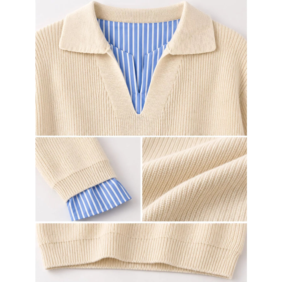 Plus Size Layered Look Striped Long Sleeve Sweater Apparel and Accessories