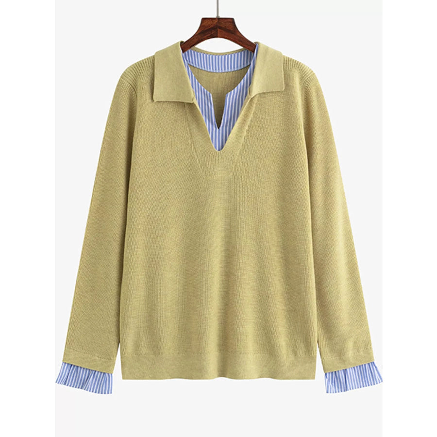 Plus Size Layered Look Striped Long Sleeve Sweater Apparel and Accessories