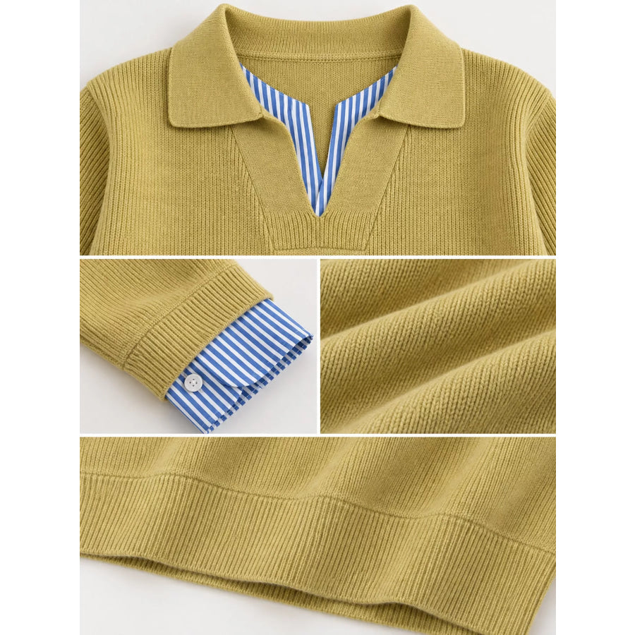 Plus Size Layered Look Striped Long Sleeve Sweater Apparel and Accessories
