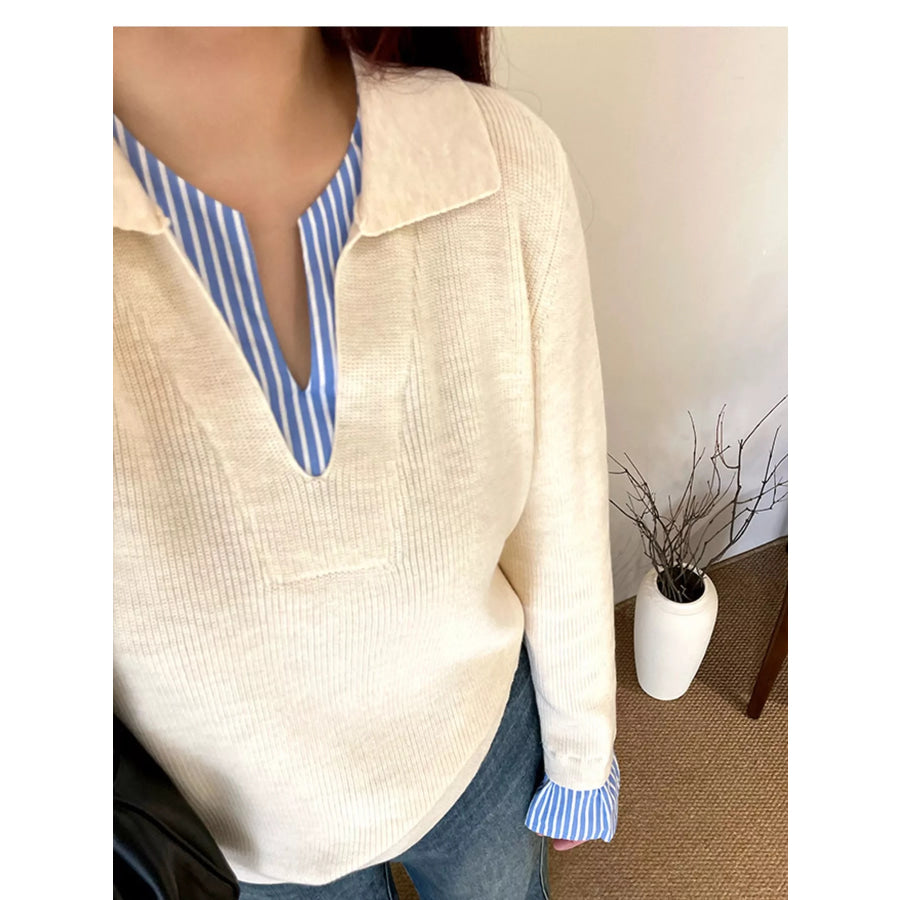 Plus Size Layered Look Striped Long Sleeve Sweater Apparel and Accessories