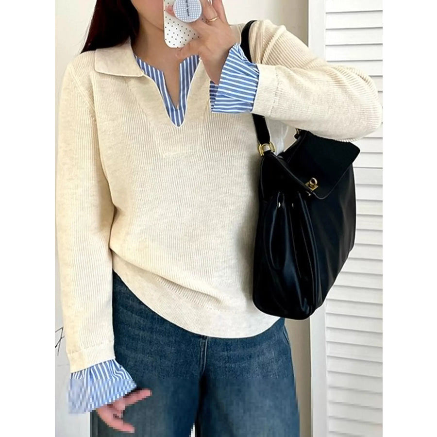 Plus Size Layered Look Striped Long Sleeve Sweater Apricot / XL Apparel and Accessories