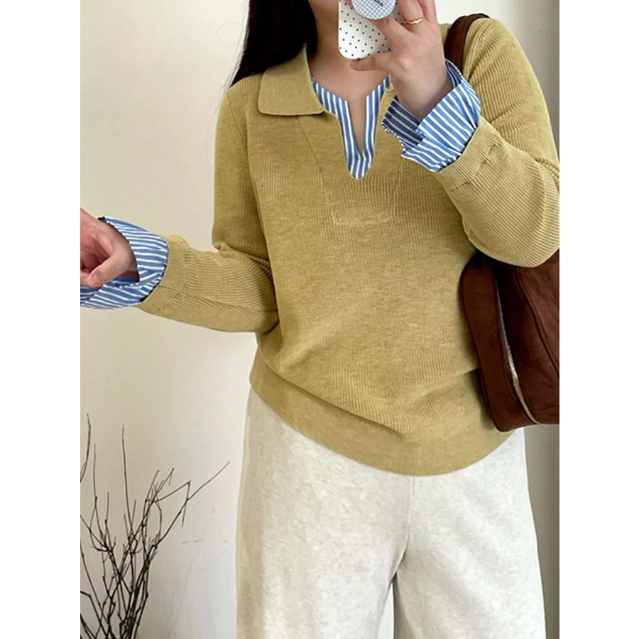 Plus Size Layered Look Striped Long Sleeve Sweater Yellow / XL Apparel and Accessories