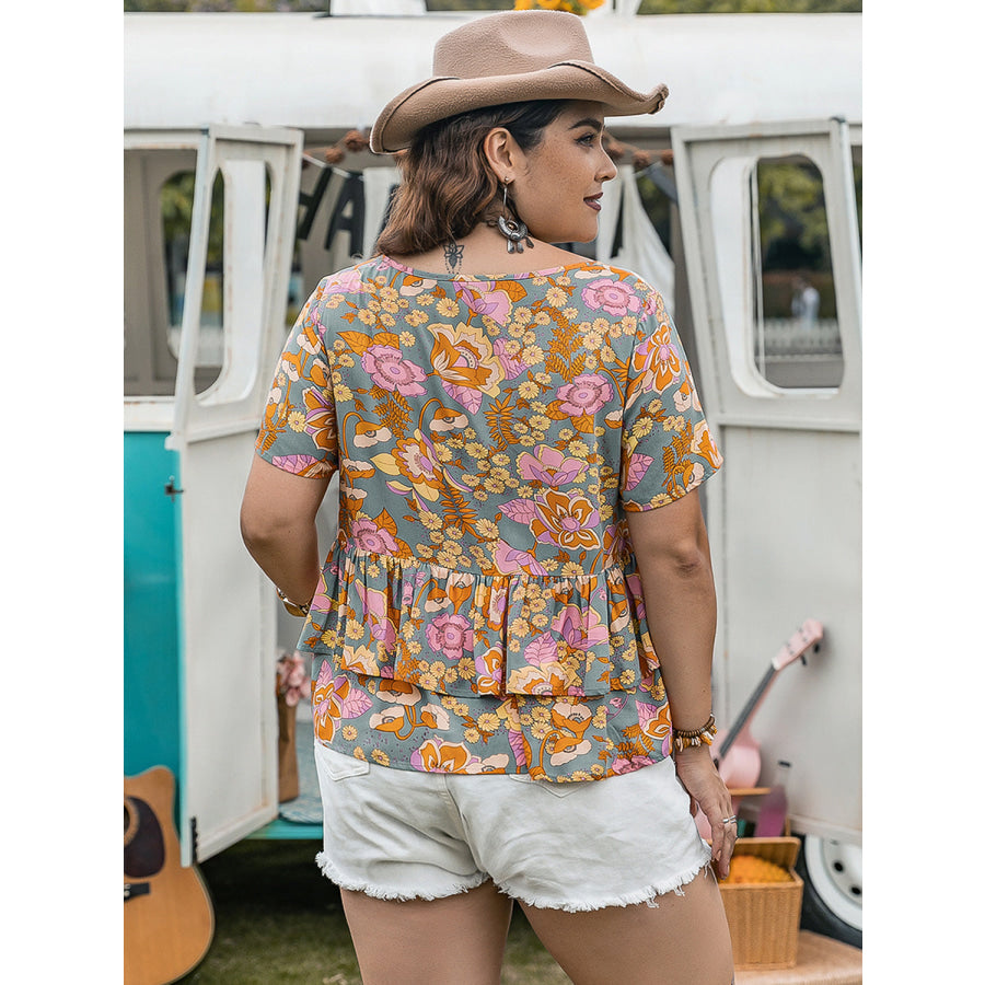 Plus Size Layered Printed Round Neck Short Sleeve Blouse Apparel and Accessories