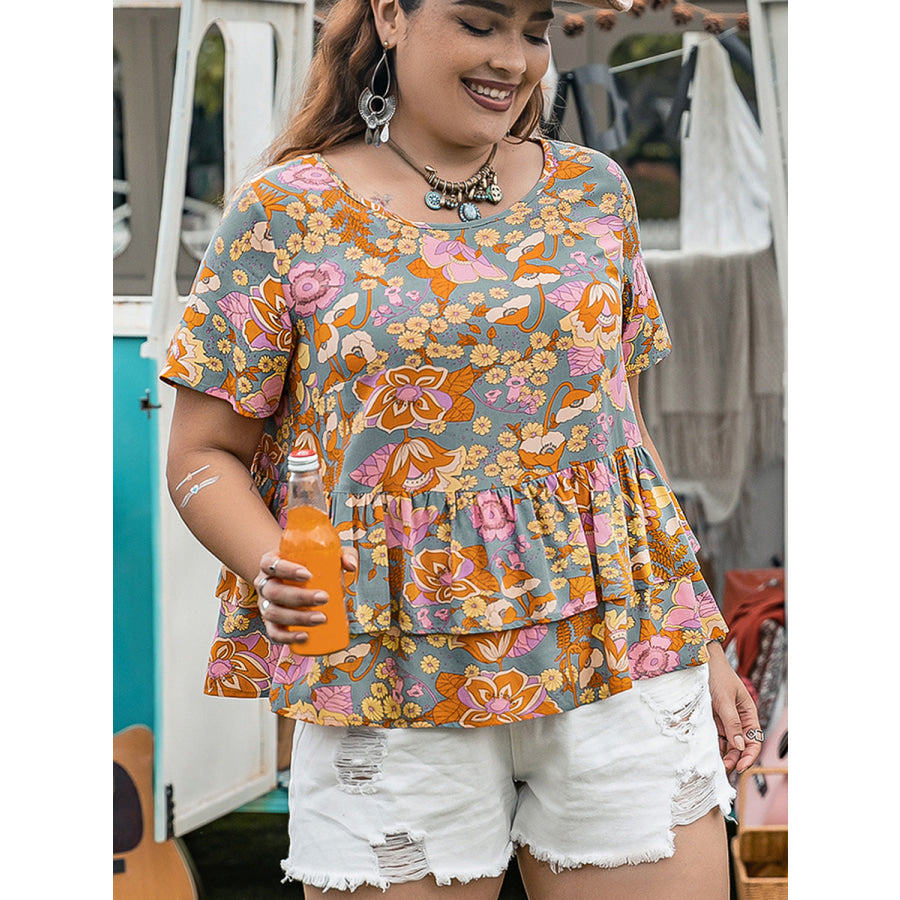 Plus Size Layered Printed Round Neck Short Sleeve Blouse Apparel and Accessories