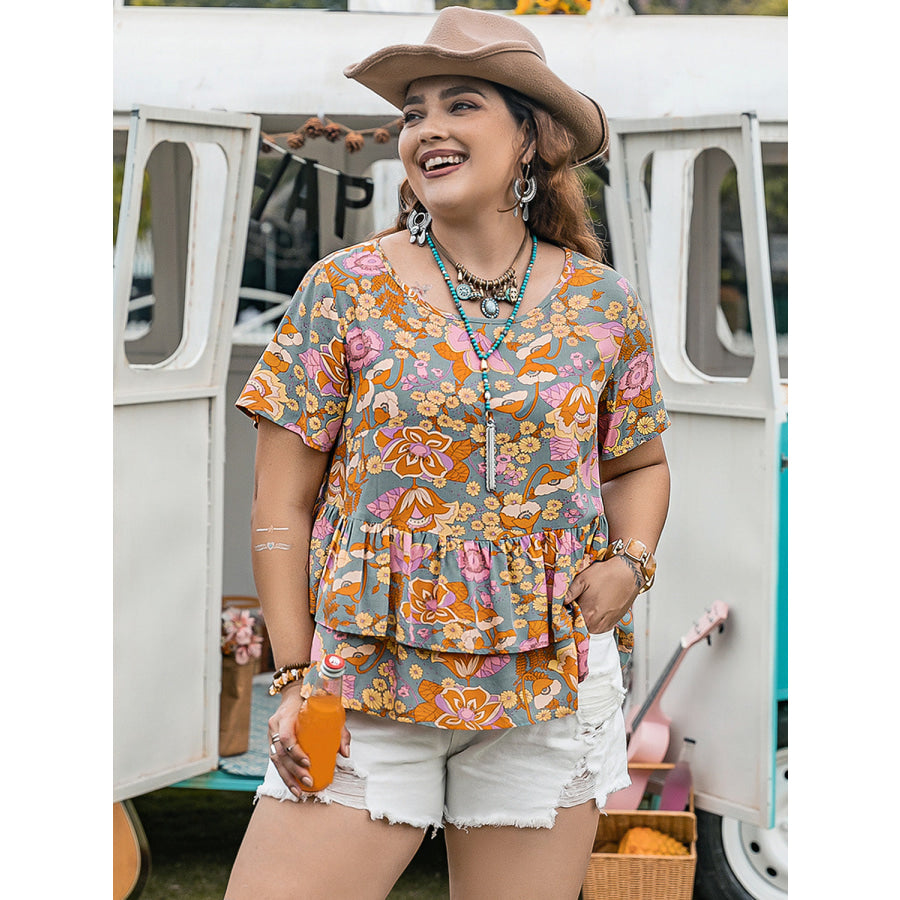 Plus Size Layered Printed Round Neck Short Sleeve Blouse Apparel and Accessories