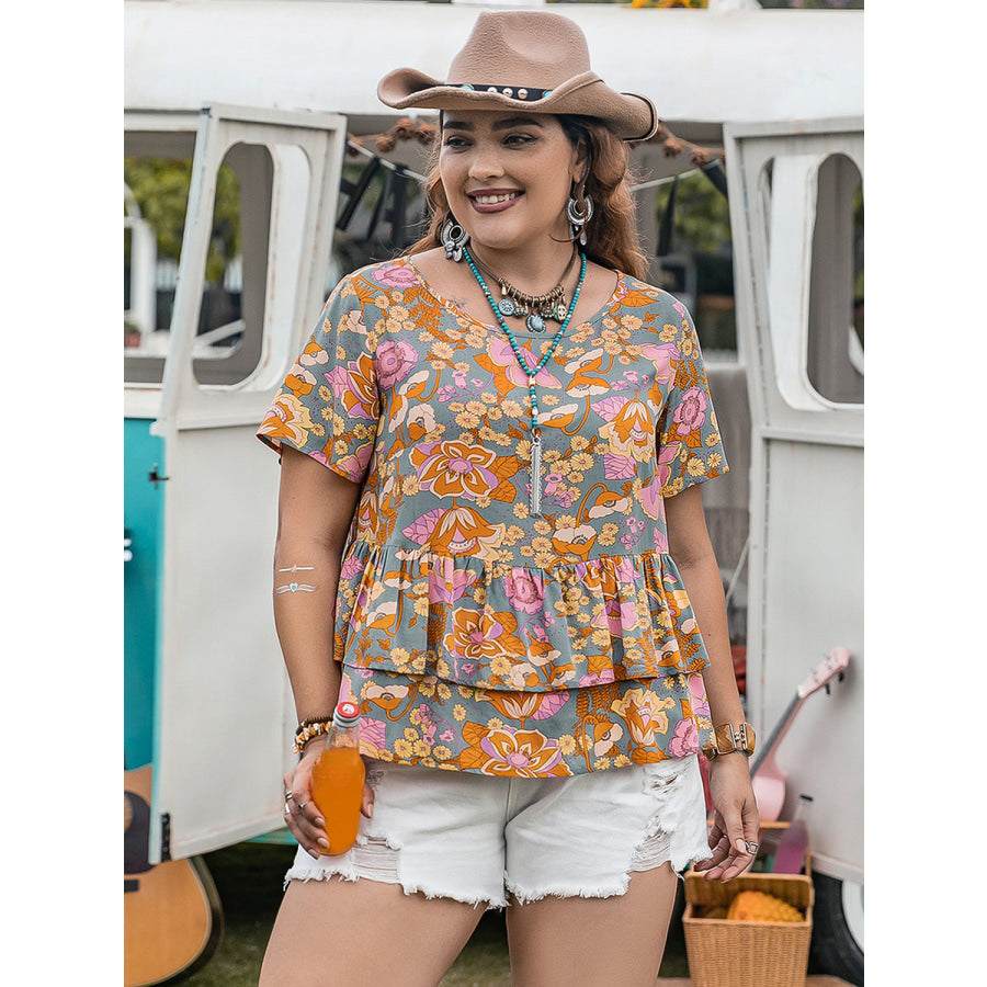 Plus Size Layered Printed Round Neck Short Sleeve Blouse Multicolor / 0XL Apparel and Accessories