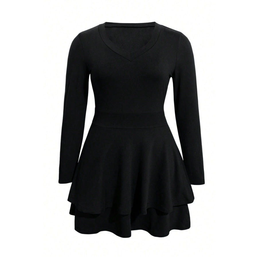 Plus Size Layered V-Neck Long Sleeve Mini Dress Apparel and Accessories