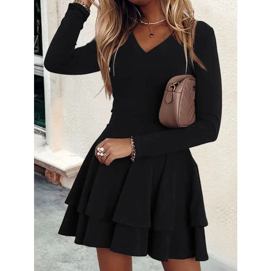 Plus Size Layered V-Neck Long Sleeve Mini Dress Black / 1XL Apparel and Accessories