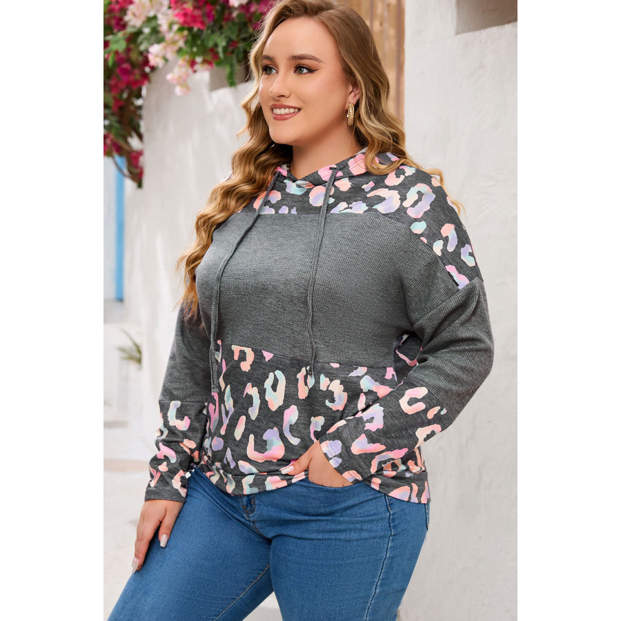 Plus Size Leopard Dropped Shoulder Long Sleeve Hoodie Apparel and Accessories