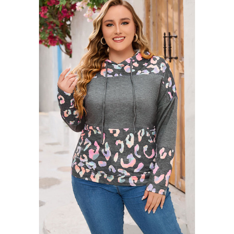 Plus Size Leopard Dropped Shoulder Long Sleeve Hoodie Apparel and Accessories