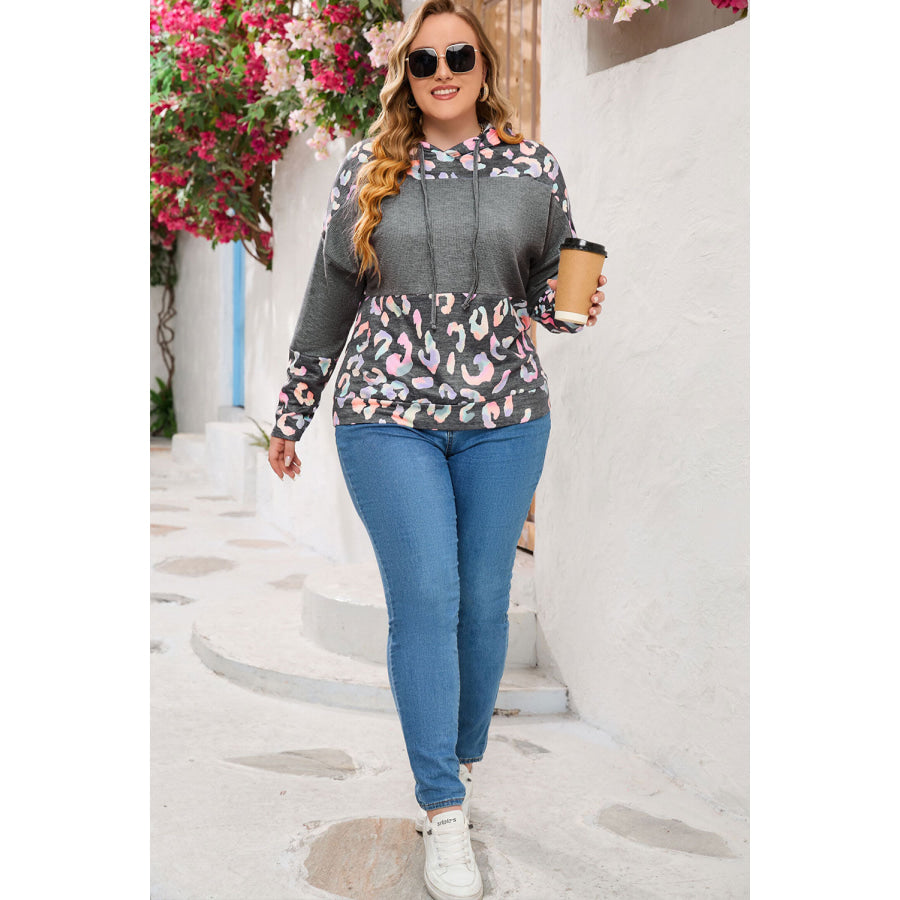 Plus Size Leopard Dropped Shoulder Long Sleeve Hoodie Apparel and Accessories