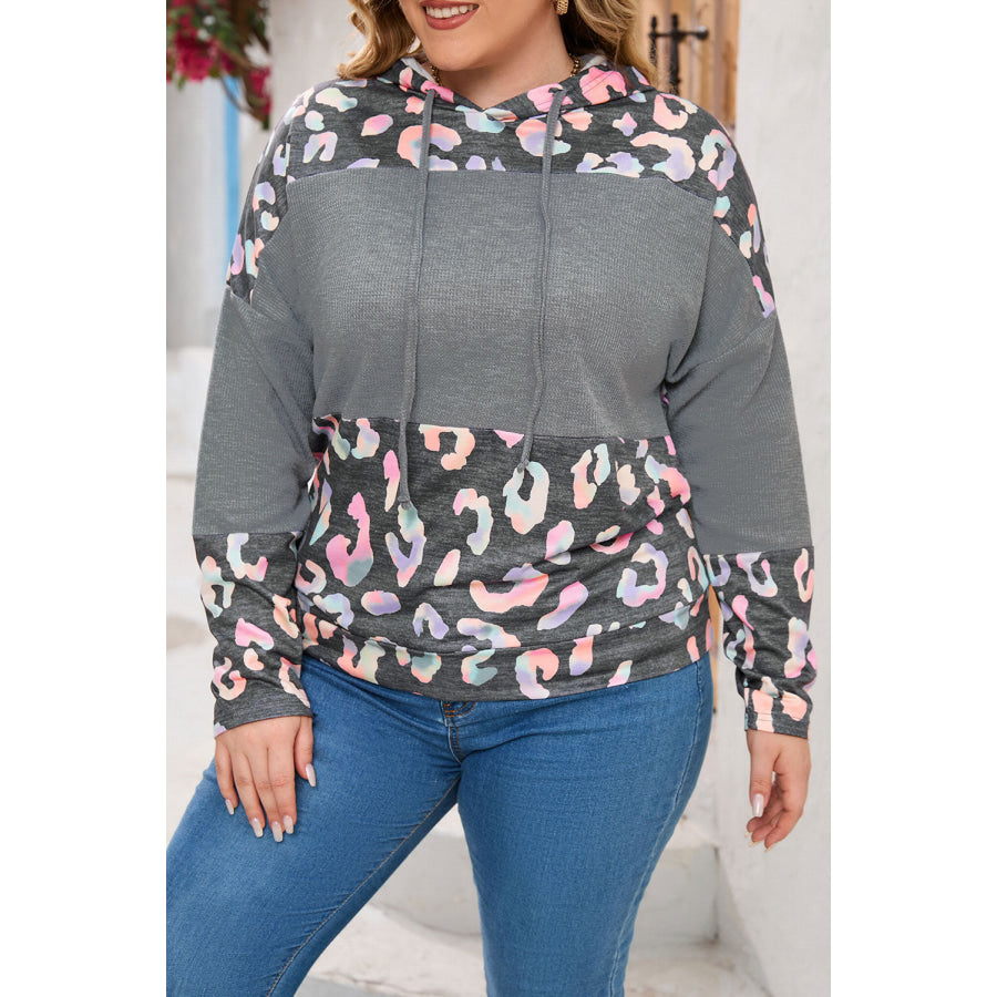 Plus Size Leopard Dropped Shoulder Long Sleeve Hoodie Dark Gray / 1XL Apparel and Accessories