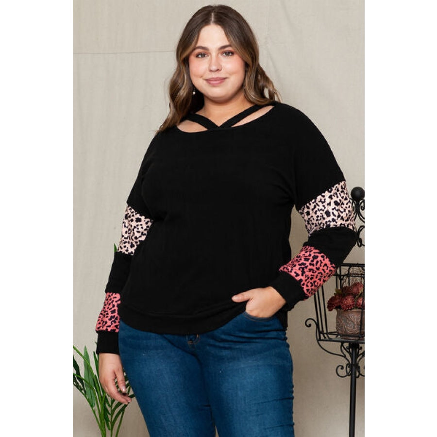 Plus Size Leopard Dropped Shoulder Long Sleeve T-Shirt Black / 1XL Clothing