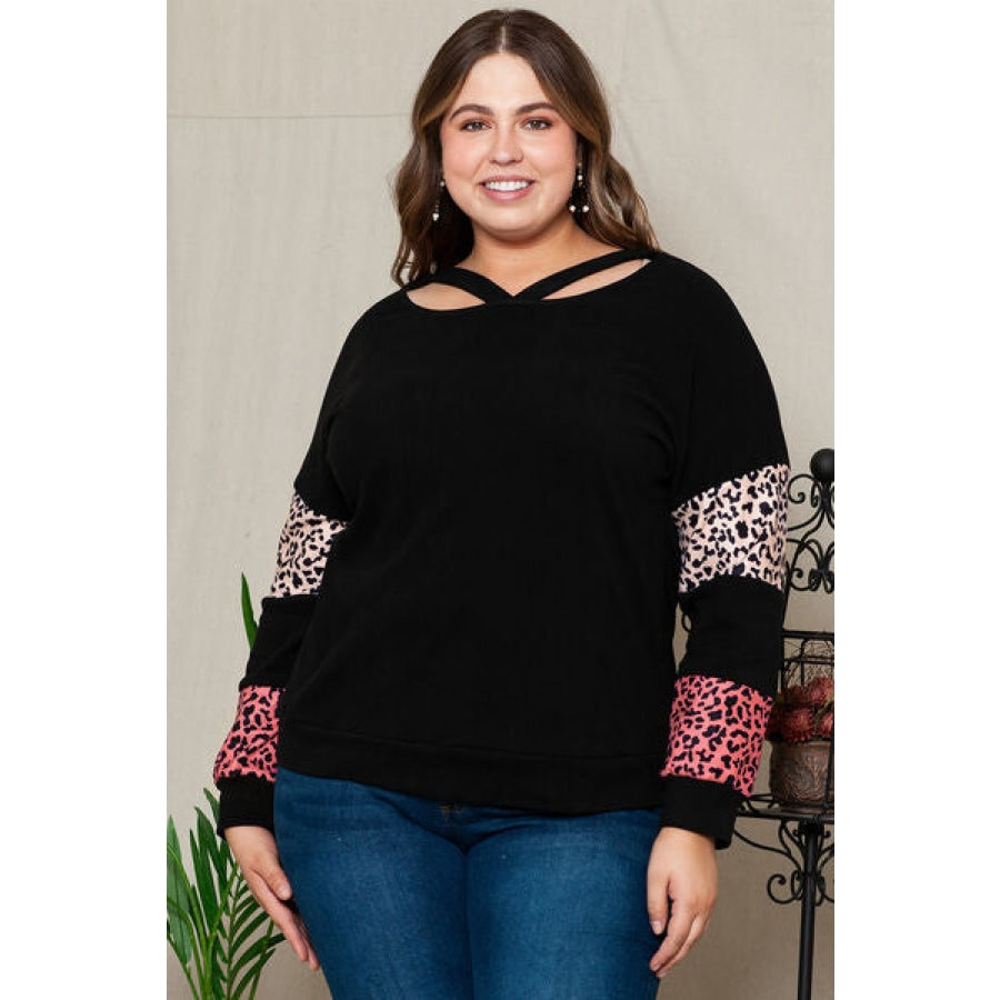 Plus Size Leopard Dropped Shoulder Long Sleeve T-Shirt Black / 1XL Clothing