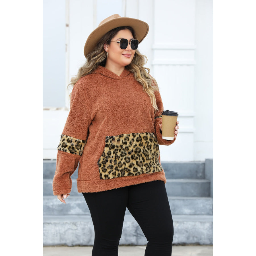 Plus Size Leopard Kangaroo Pocket Long Sleeve Hoodie Apparel and Accessories