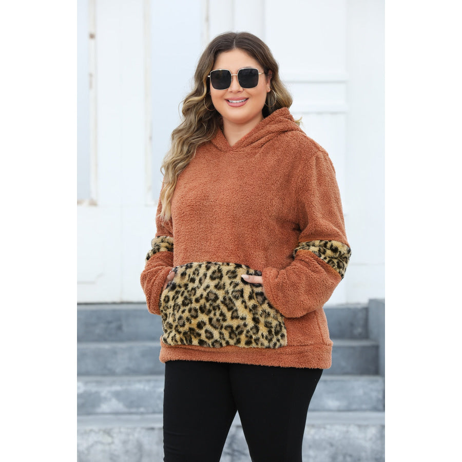 Plus Size Leopard Kangaroo Pocket Long Sleeve Hoodie Apparel and Accessories