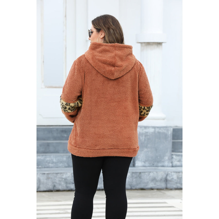 Plus Size Leopard Kangaroo Pocket Long Sleeve Hoodie Apparel and Accessories