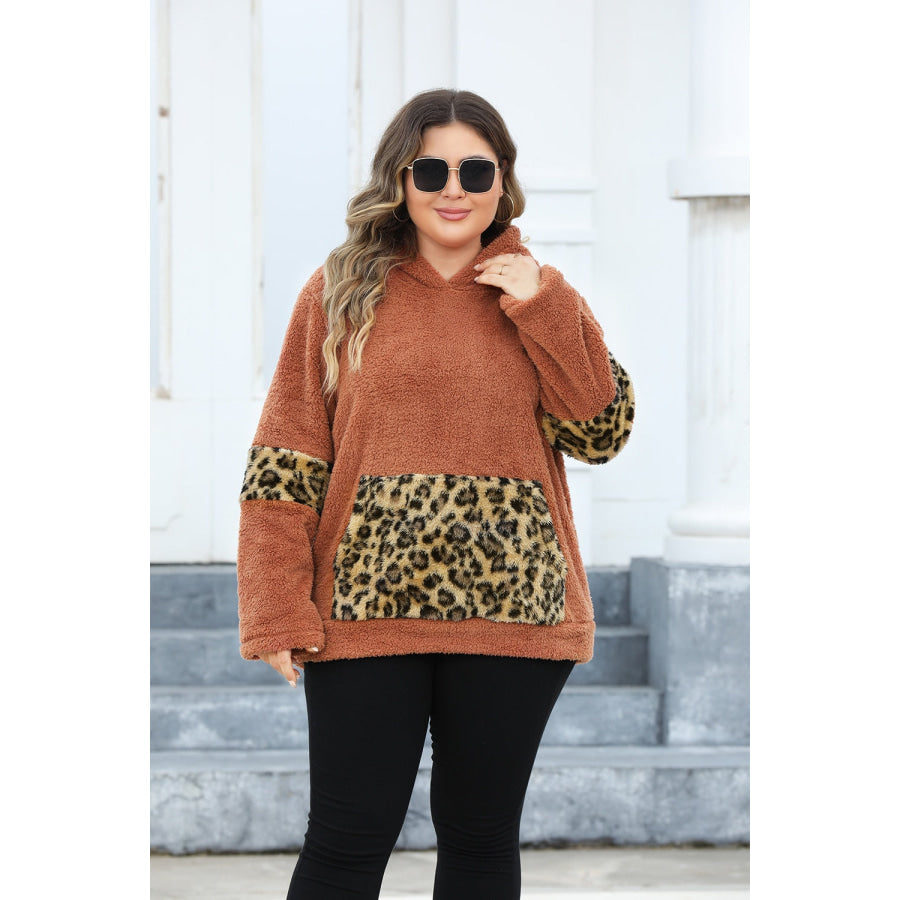 Plus Size Leopard Kangaroo Pocket Long Sleeve Hoodie Terracotta / 1XL Apparel and Accessories