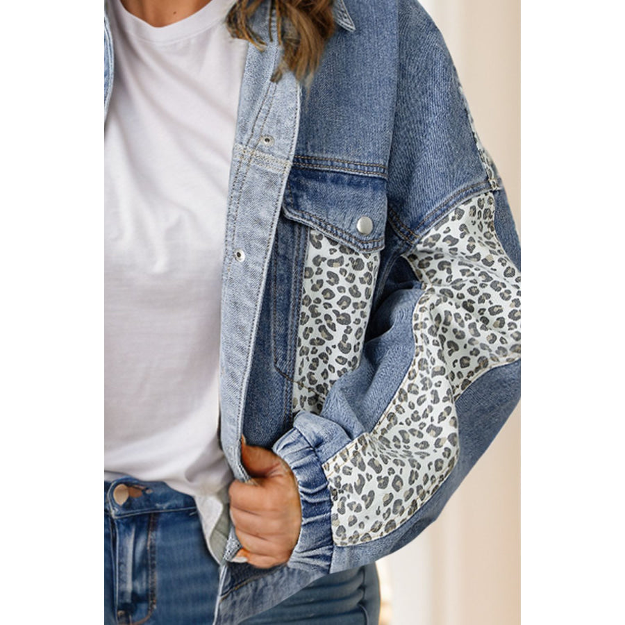 Plus Size Leopard Long Sleeve Denim Jacket Apparel and Accessories