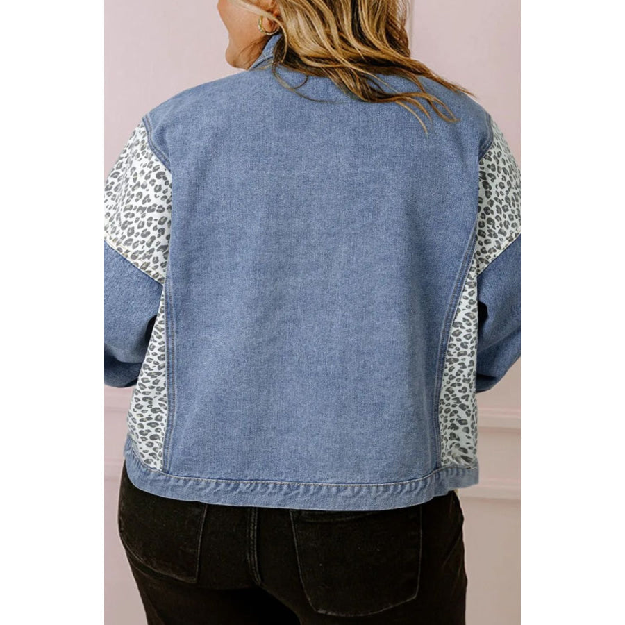 Plus Size Leopard Long Sleeve Denim Jacket Apparel and Accessories