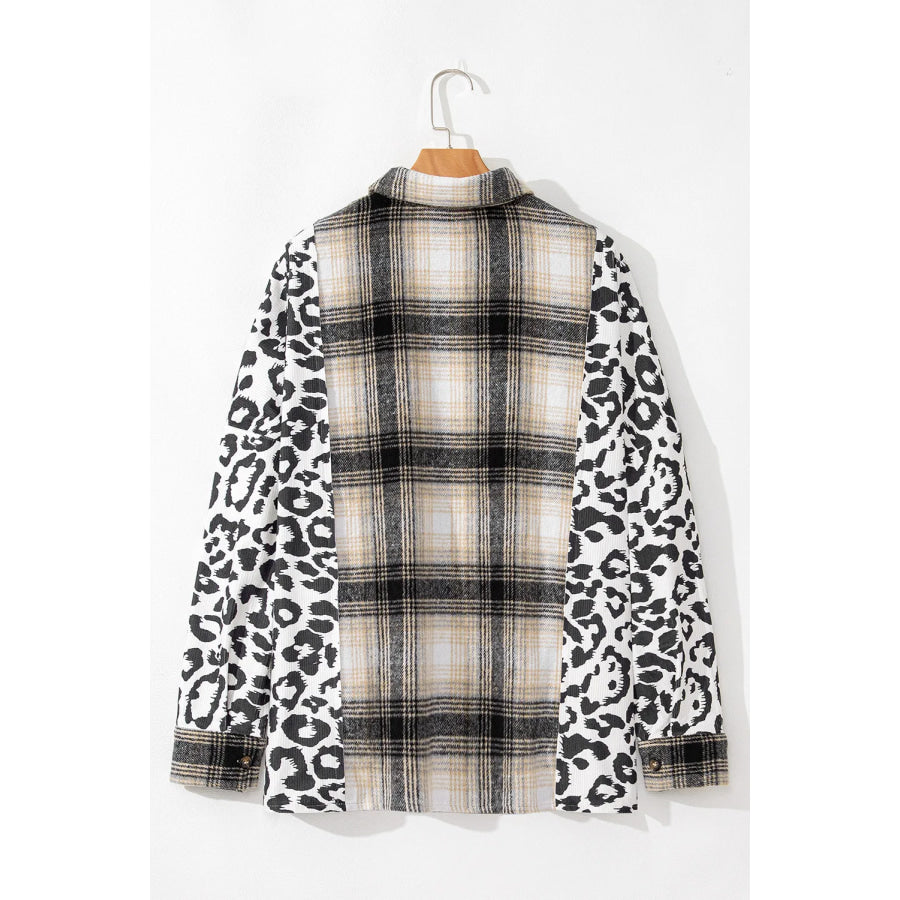 Plus Size Leopard Plaid Button Up Long Sleeve Shacket Apparel and Accessories