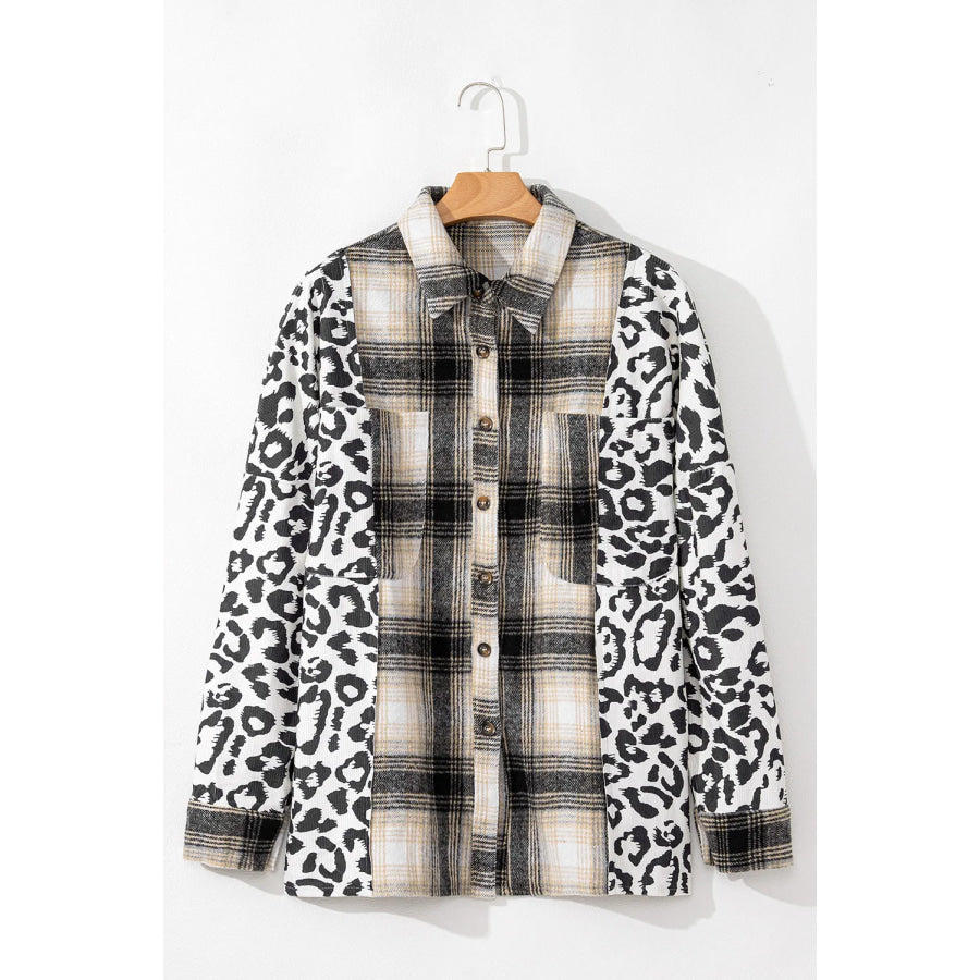 Plus Size Leopard Plaid Button Up Long Sleeve Shacket Apparel and Accessories