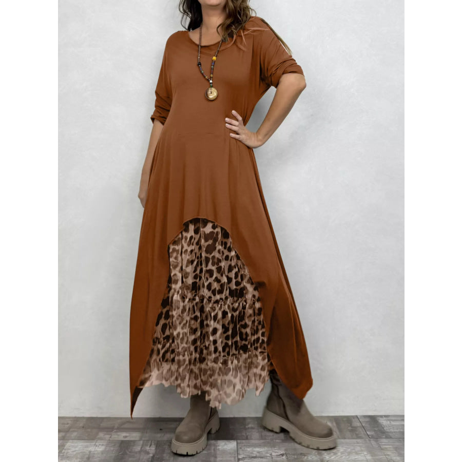 Plus Size Leopard Print Asymmetrical Hem Midi Dress Caramel / 0XL Apparel and Accessories