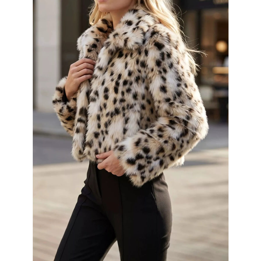 Plus Size Leopard Print Faux Fur Cropped Outerwear Apparel and Accessories