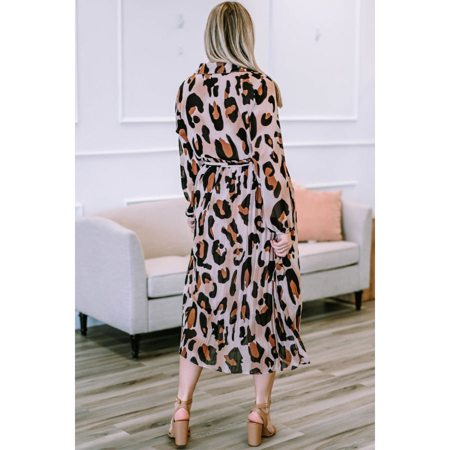 Plus Size Leopard Print Surplice Neck Long Sleeve Midi Dress Leopard / 1X
