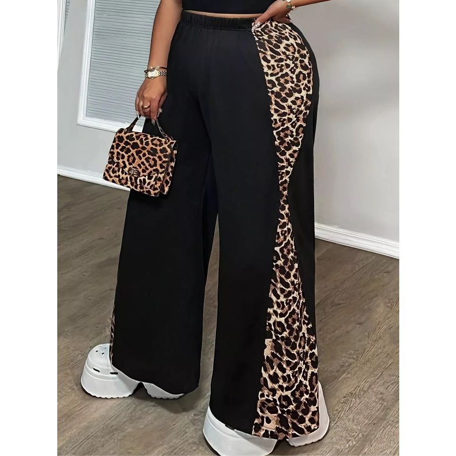 Plus Size Leopard Print Wide Leg Pants Black / 1XL Apparel and Accessories