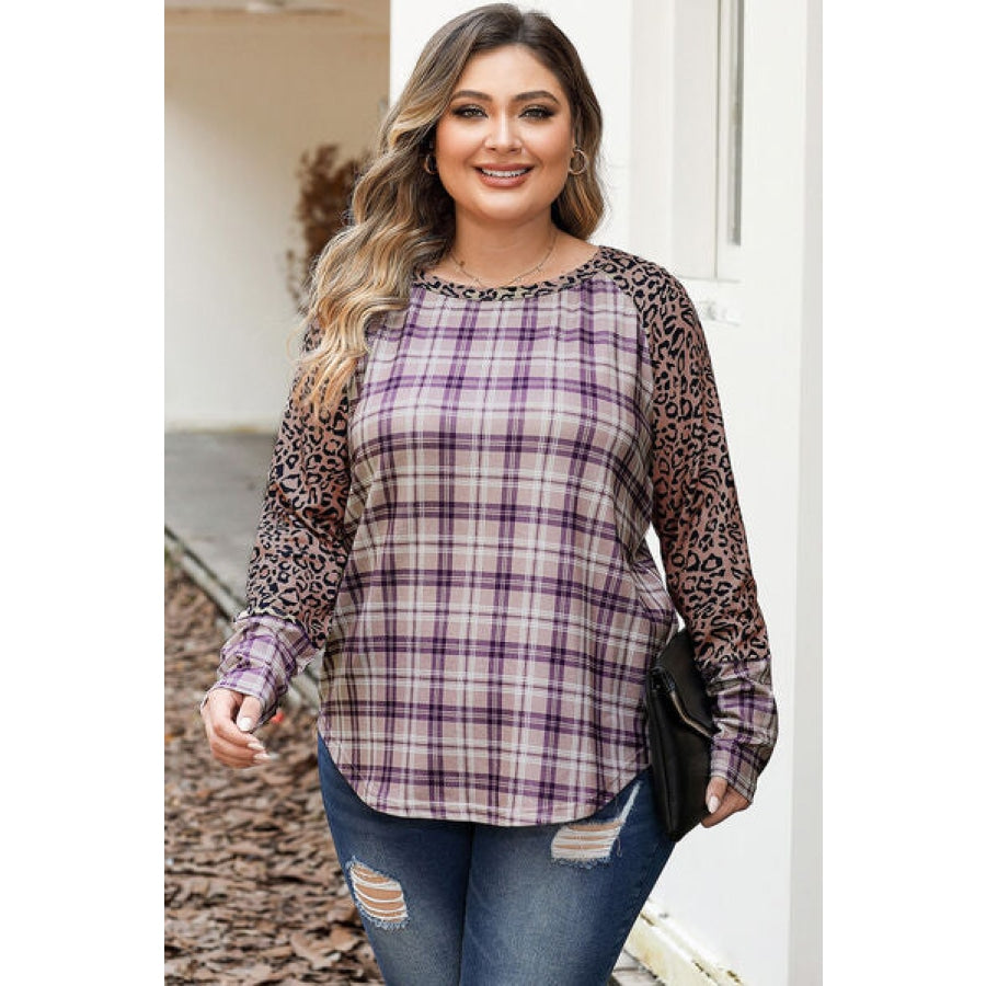 Plus Size Leopard Raglan Sleeve Plaid T-Shirt Plaid / 1XL Clothing