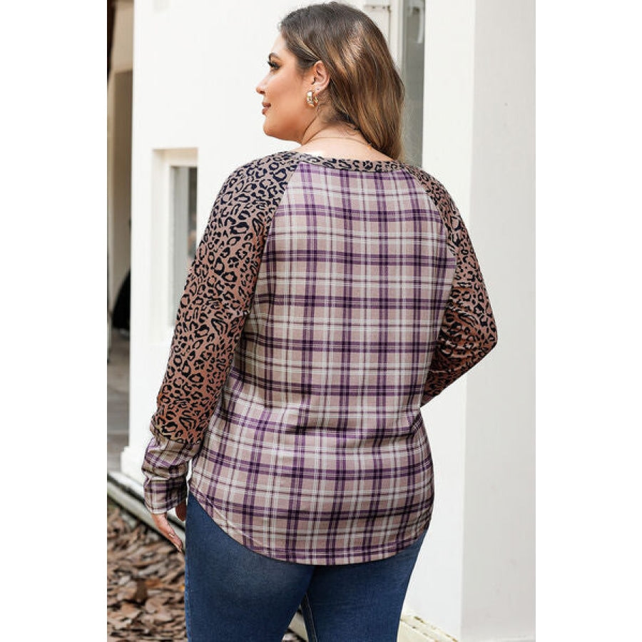 Plus Size Leopard Raglan Sleeve Plaid T-Shirt Clothing