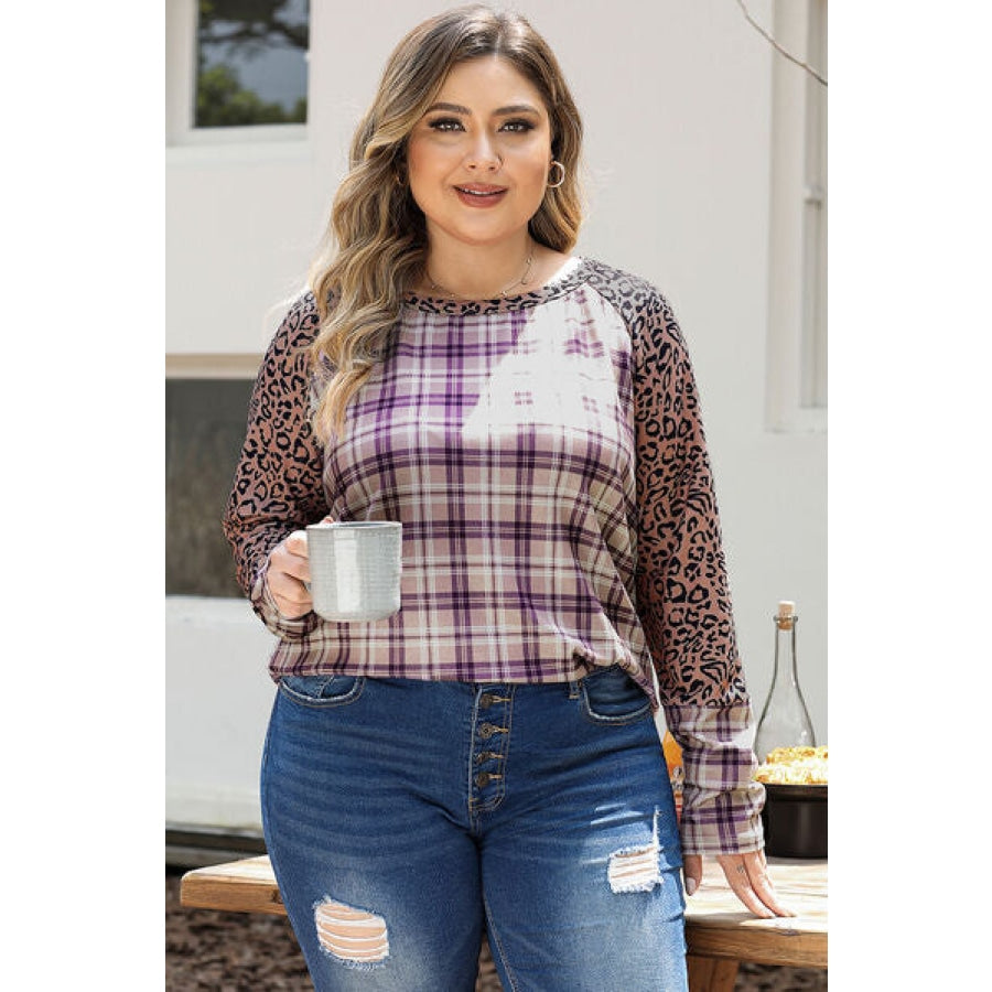 Plus Size Leopard Raglan Sleeve Plaid T-Shirt Clothing