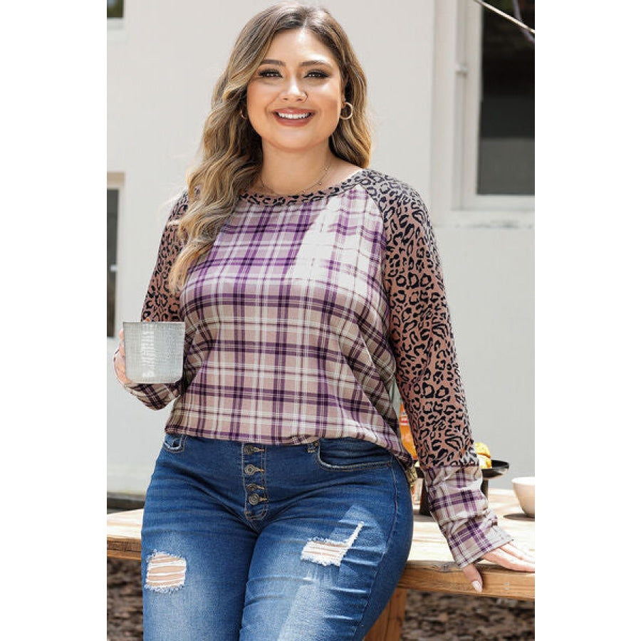 Plus Size Leopard Raglan Sleeve Plaid T-Shirt Clothing