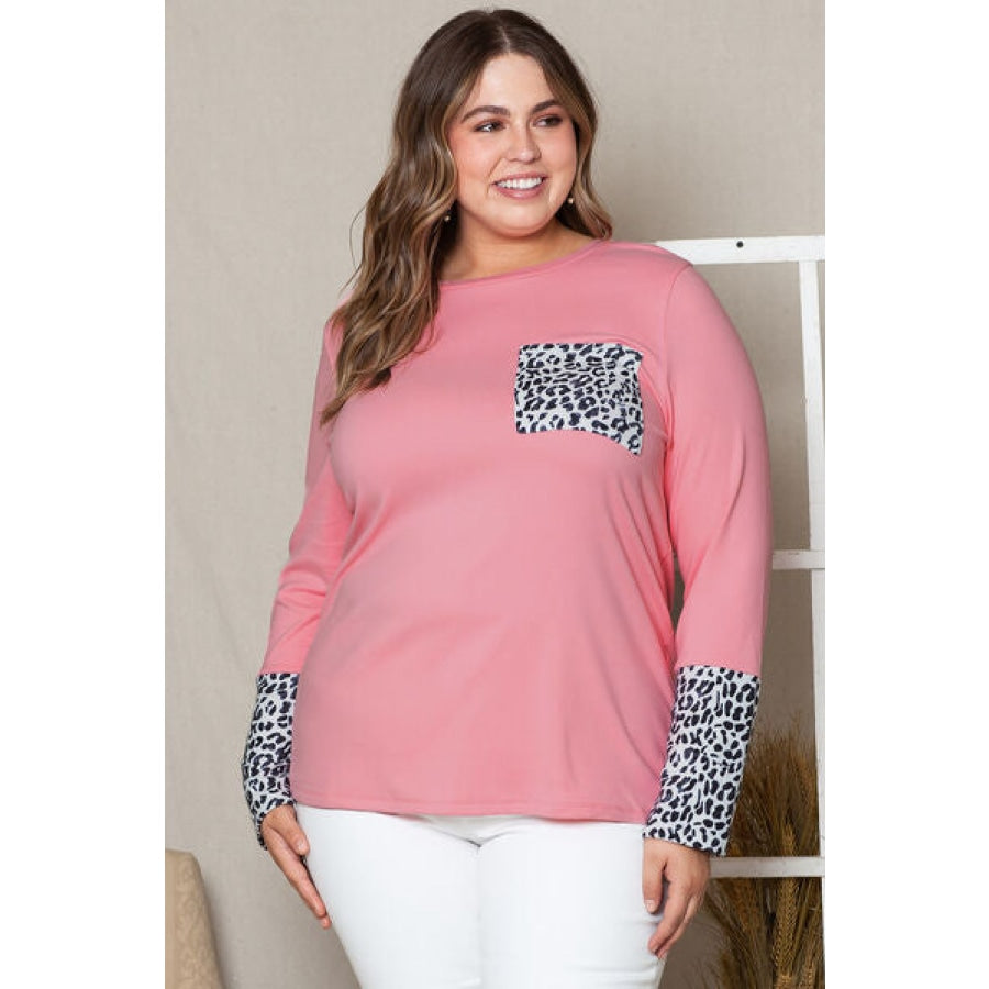 Plus Size Leopard Round Neck Long Sleeve T-Shirt Blush Pink / 1XL Clothing