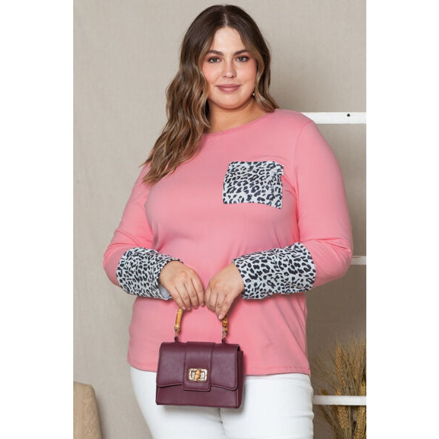 Plus Size Leopard Round Neck Long Sleeve T-Shirt Clothing