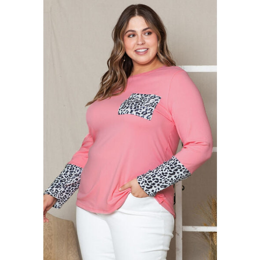 Plus Size Leopard Round Neck Long Sleeve T-Shirt Clothing