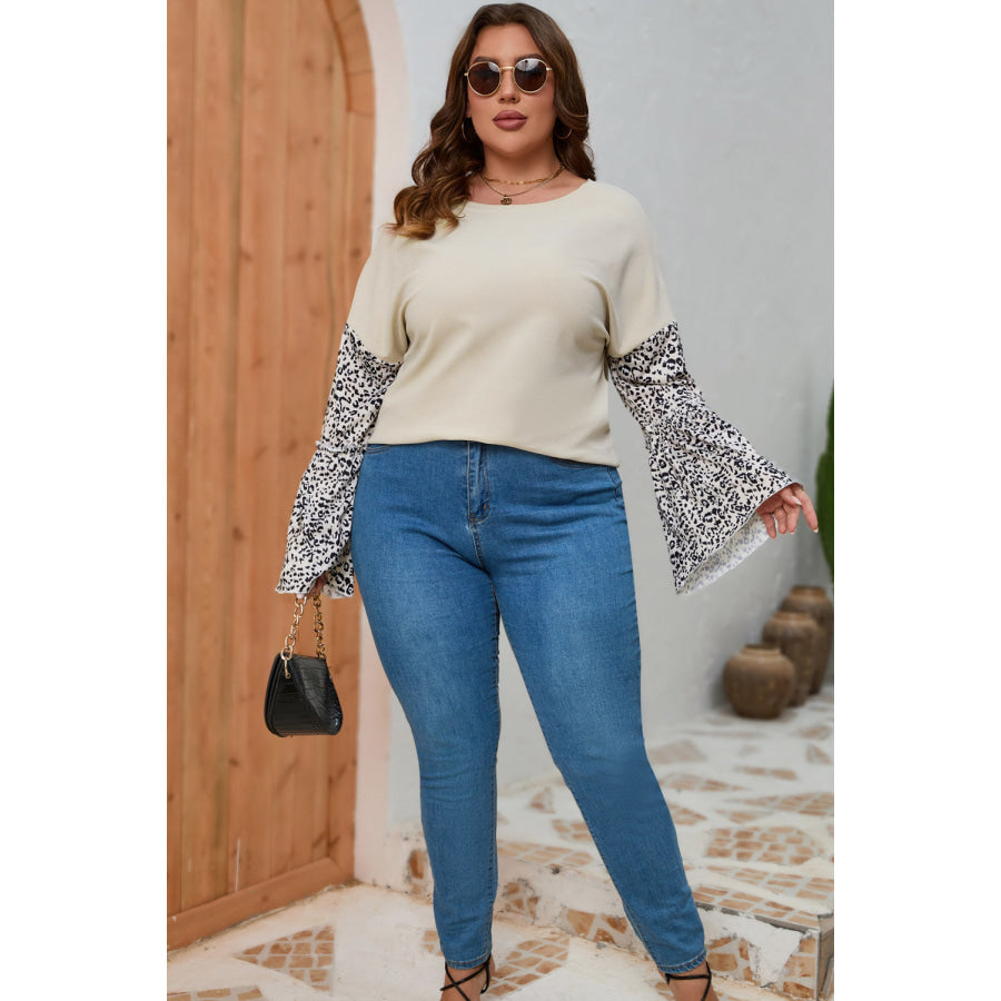 Plus Size Leopard Round Neck Long Sleeve Top Apparel and Accessories