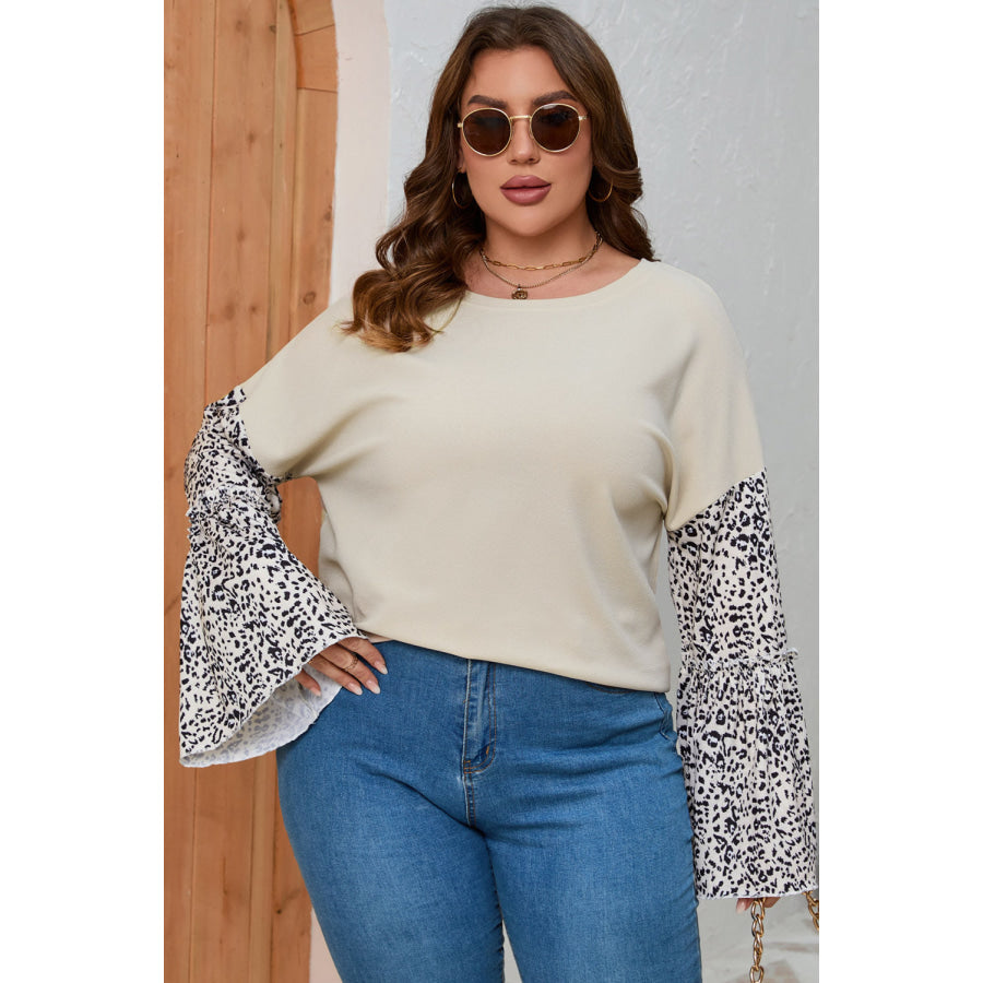 Plus Size Leopard Round Neck Long Sleeve Top Apparel and Accessories