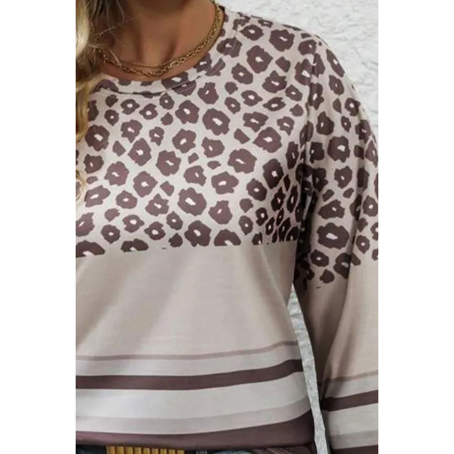 Plus Size Leopard Round Neck Long Sleeve Top Apparel and Accessories