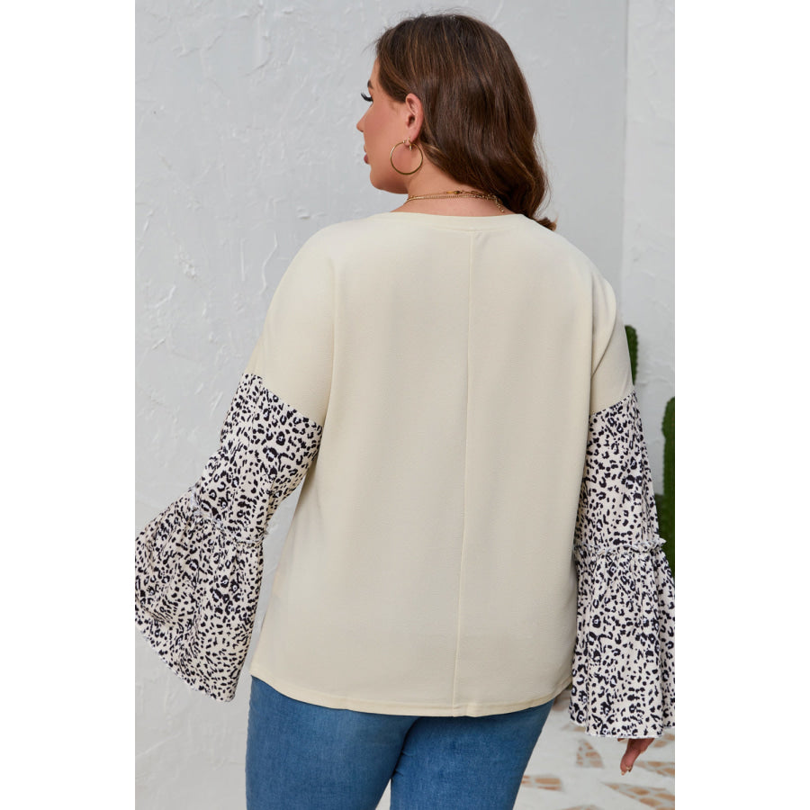 Plus Size Leopard Round Neck Long Sleeve Top Apparel and Accessories