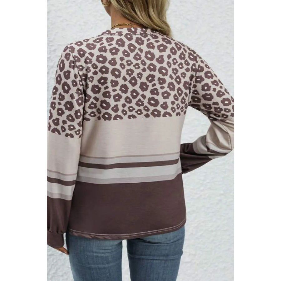 Plus Size Leopard Round Neck Long Sleeve Top Apparel and Accessories