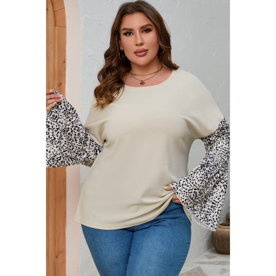Plus Size Leopard Round Neck Long Sleeve Top Beige / 1XL Apparel and Accessories