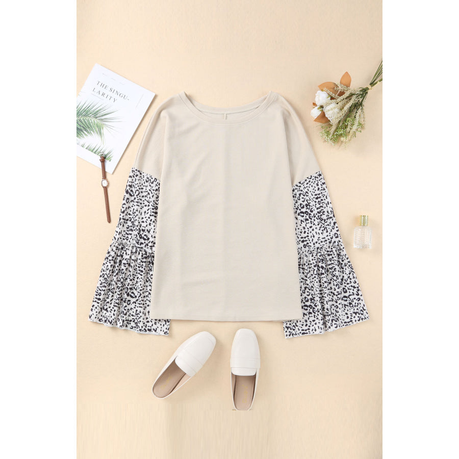 Plus Size Leopard Round Neck Long Sleeve Top Apparel and Accessories