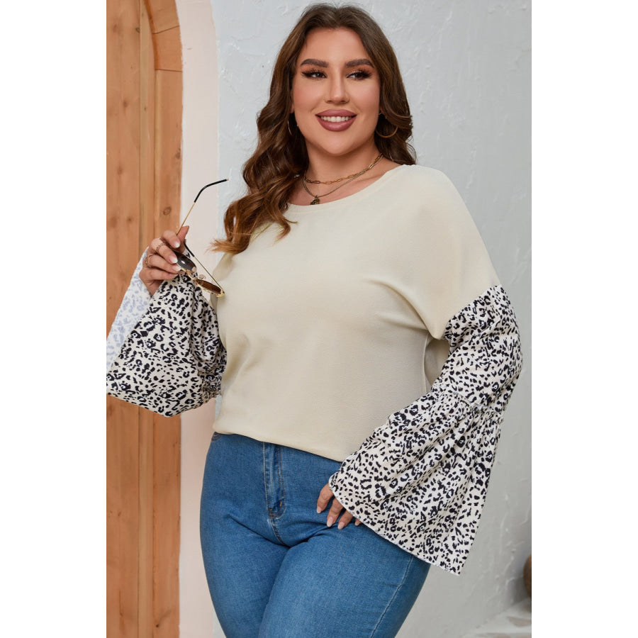 Plus Size Leopard Round Neck Long Sleeve Top Beige / 1XL Apparel and Accessories