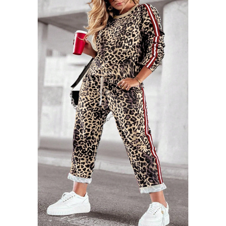 Plus Size Leopard Round Neck Top and Pants Set Camel / 1XL Apparel and Accessories