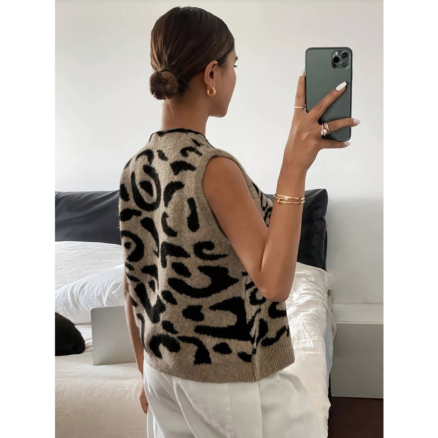 Plus Size Leopard Scalloped Edge Button-Down Sweater Vest Apparel and Accessories