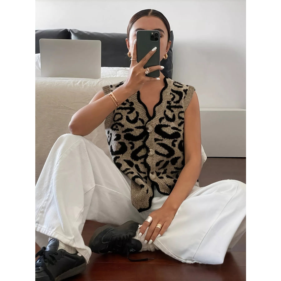Plus Size Leopard Scalloped Edge Button-Down Sweater Vest Apparel and Accessories