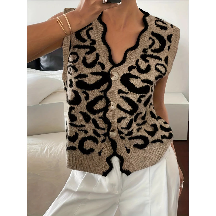 Plus Size Leopard Scalloped Edge Button-Down Sweater Vest Apparel and Accessories